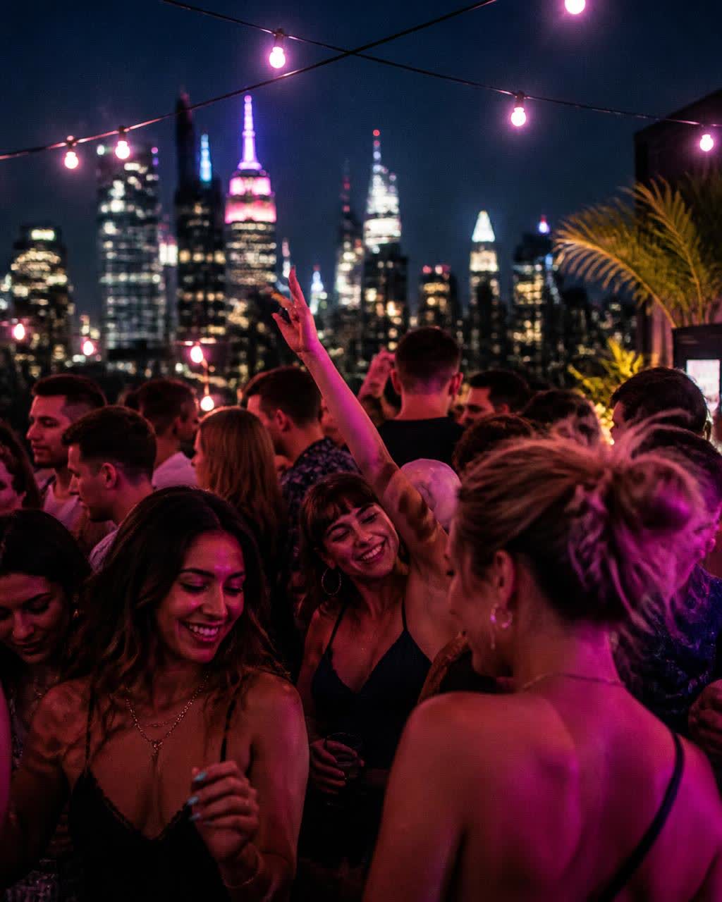 Diverse crowd dancing at a neon-lit rooftop party with the city skyline behind them